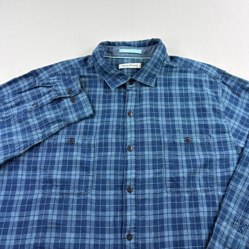 Tommy Bahama Flannel Shirt Mens 2XL Blue Plaid Button Up Lightweight Casual
